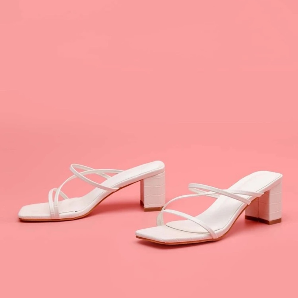 White thin strap block heel mules